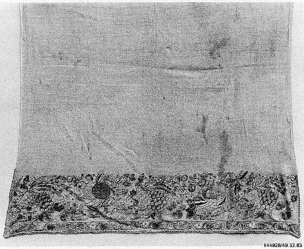 Towel, Cotton, silk, and metal wrapped thread; embroidered 