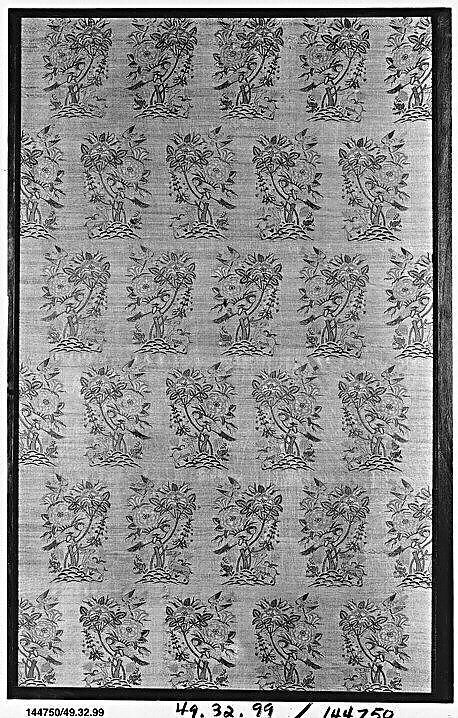Panel with Rosebush, Birds, and Deer Pattern, Silk, silver and gilded metal wrapped thread; compound twill weave, brocaded