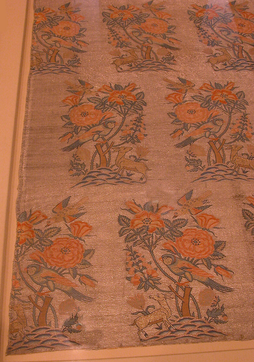 Panel with Rosebush, Birds, and Deer Pattern, Silk, silver and gilded metal wrapped thread; compound twill weave, brocaded