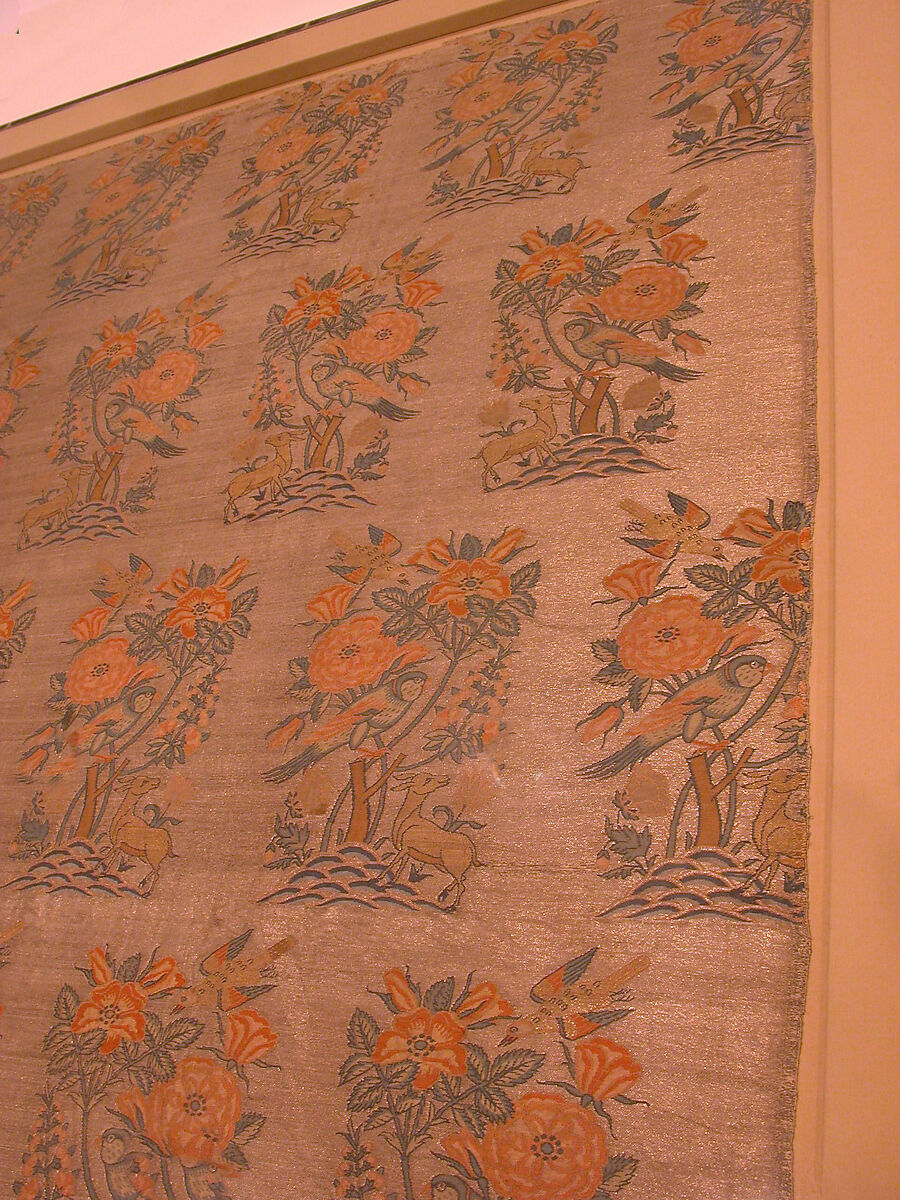 Panel with Rosebush, Birds, and Deer Pattern, Silk, silver and gilded metal wrapped thread; compound twill weave, brocaded