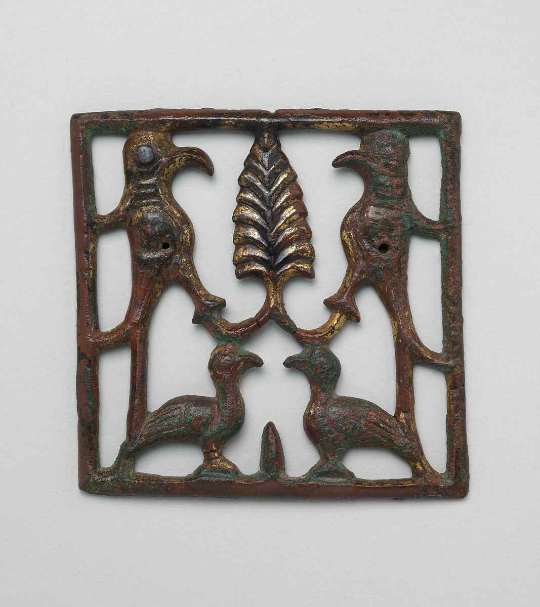 Appliqué Plaque with a Tree and Four Birds, Brass; cast, gilded 