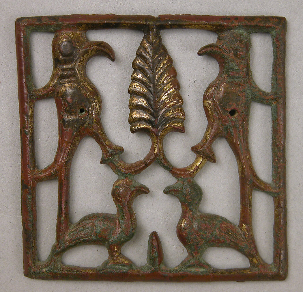 Appliqué Plaque with a Tree and Four Birds, Brass; cast, gilded