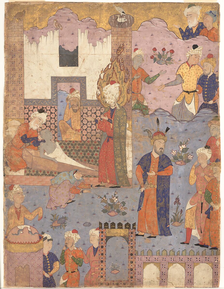"Muhammad Revives the Sick Boy", Folio from a Falnama (Book of Omens) of Ja'far al-Sadiq, Ink, opaque watercolor, and gold on paper 