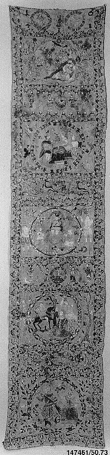 Panel, Linen, silk, metal wrapped thread; plain weave, embroidered