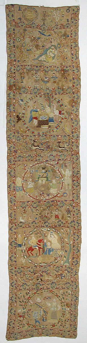 Panel, Linen, silk, metal wrapped thread; plain weave, embroidered