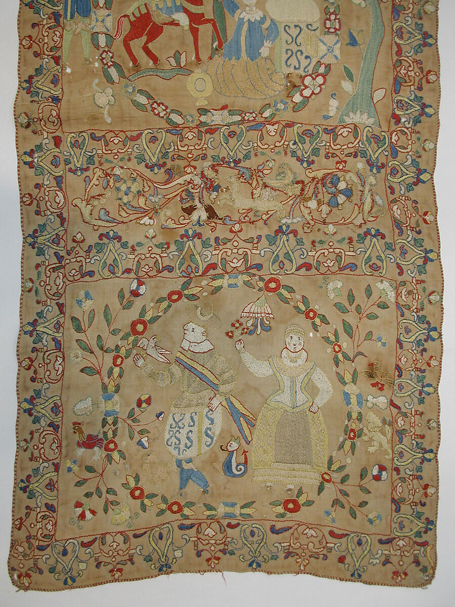 Panel, Linen, silk, metal wrapped thread; plain weave, embroidered