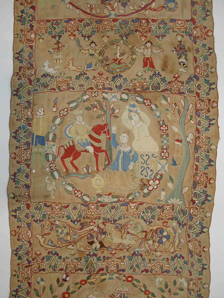 Panel, Linen, silk, metal wrapped thread; plain weave, embroidered