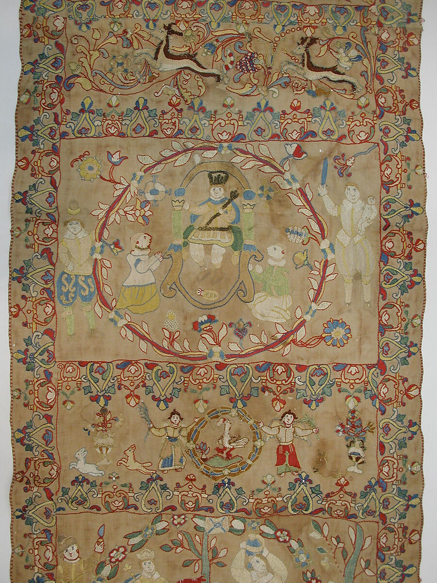 Panel, Linen, silk, metal wrapped thread; plain weave, embroidered