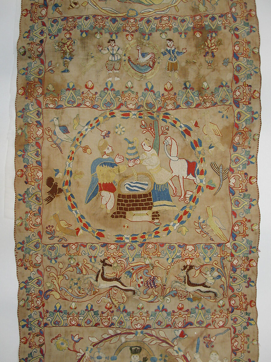 Panel, Linen, silk, metal wrapped thread; plain weave, embroidered