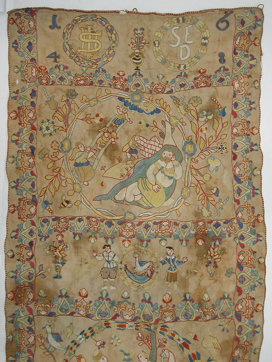 Panel, Linen, silk, metal wrapped thread; plain weave, embroidered