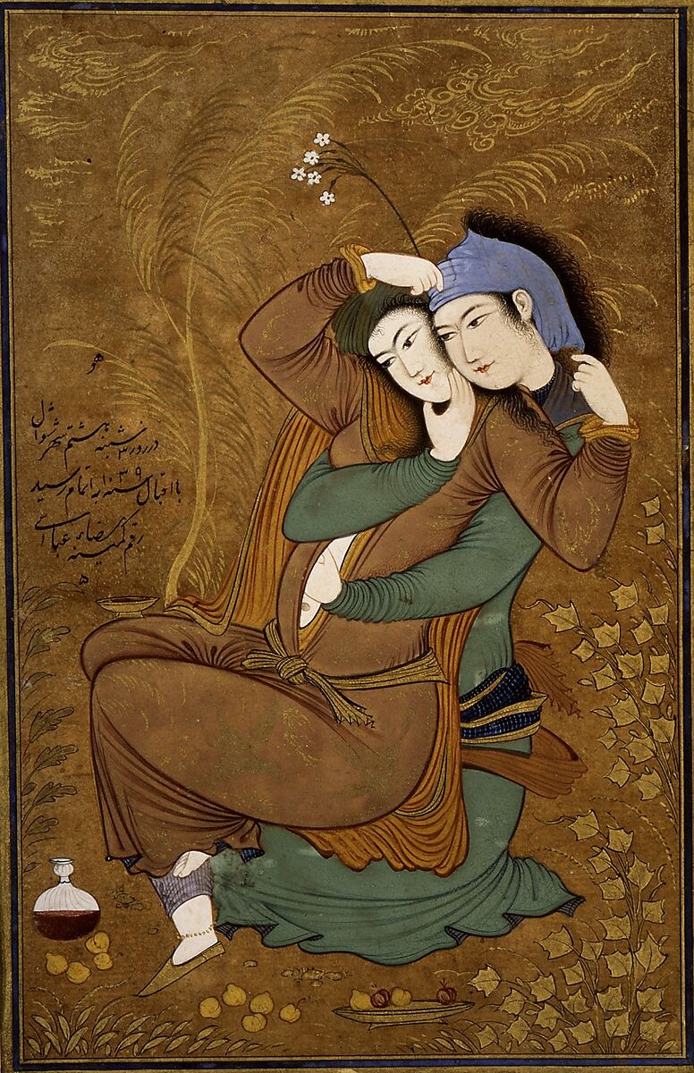 The Lovers, Painting by Riza-yi 'Abbasi (Iranian, ca. 1565–d. 1635), Opaque watercolor, ink, and gold on paper