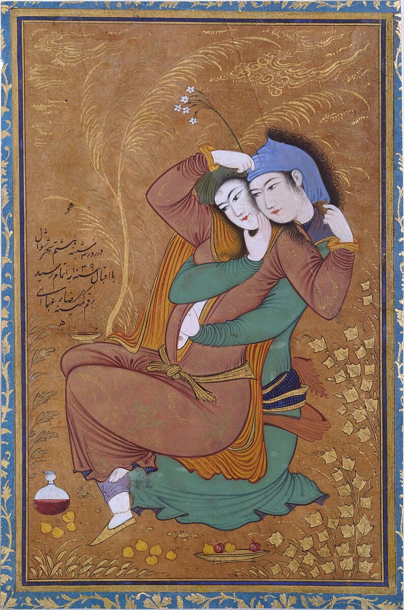 The Lovers, Painting by Riza-yi 'Abbasi (Iranian, ca. 1565–d. 1635), Opaque watercolor, ink, and gold on paper