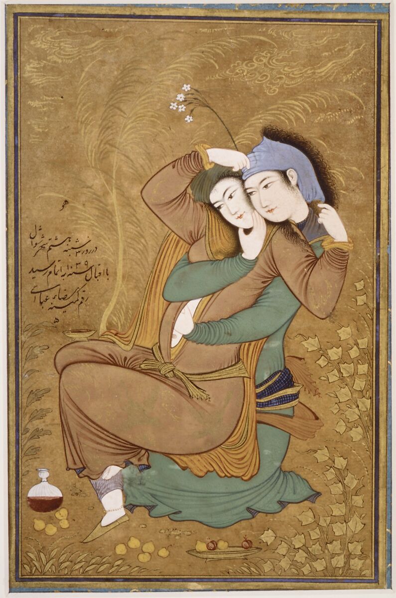 The Lovers, Painting by Riza-yi 'Abbasi (Iranian, ca. 1565–d. 1635), Opaque watercolor, ink, and gold on paper