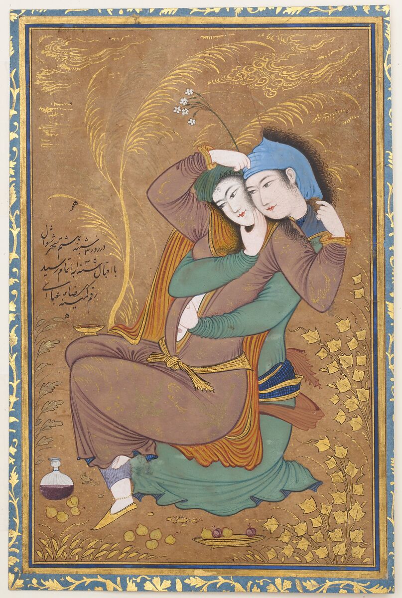 The Lovers, Painting by Riza-yi &#39;Abbasi (Iranian, ca. 1565–d. 1635), Opaque watercolor, ink, and gold on paper 