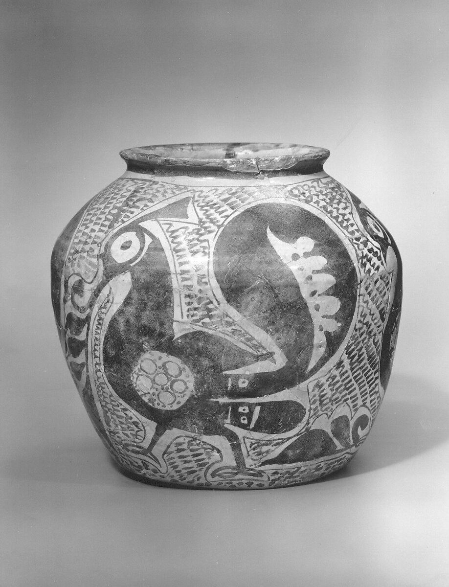 Jar Depicting Three Spirited Peacocks, Earthenware; luster-painted on opaque white glaze