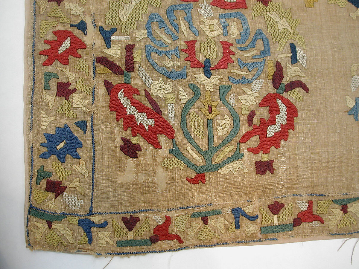 Fragment of a Cover, Linen; embroidered