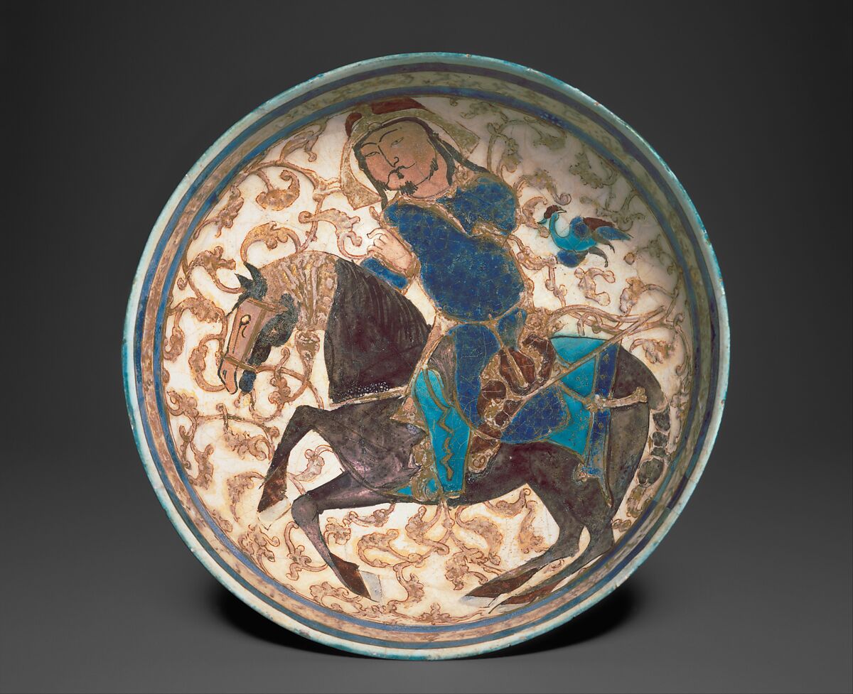 Bowl with Prince on Horseback, Stonepaste; applied decoration, polychrome inglaze and overglaze painted and gilded on opaque monochrome glaze (mina'i)