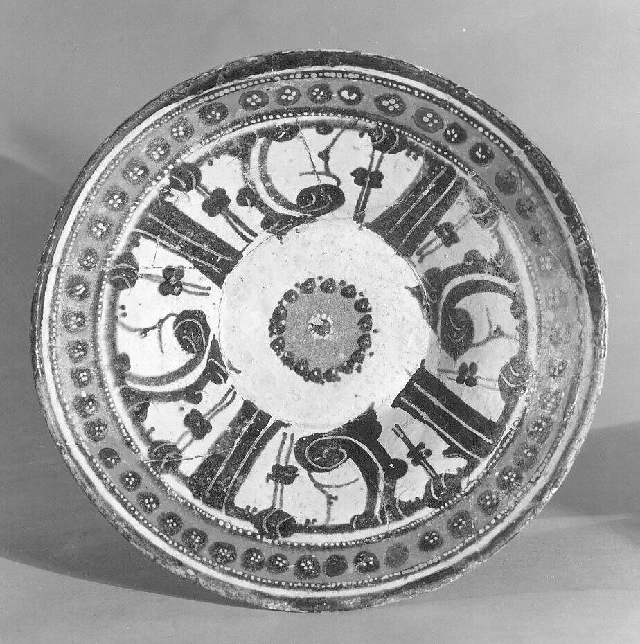 Bowl, Earthenware; white slip, polychrome slip decoration under transparent glaze