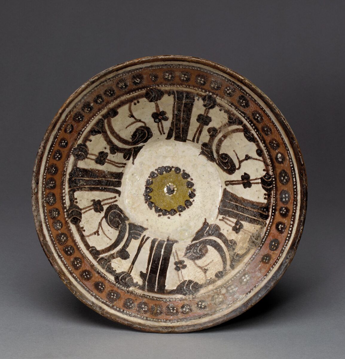 Bowl, Earthenware; white slip, polychrome slip decoration under transparent glaze
