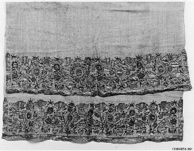 Towel, Cotton; embroidered in silk and metal wrapped thread