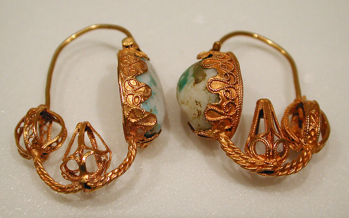 Earring, One of a Pair, Gold wire with filigree and pale stone 