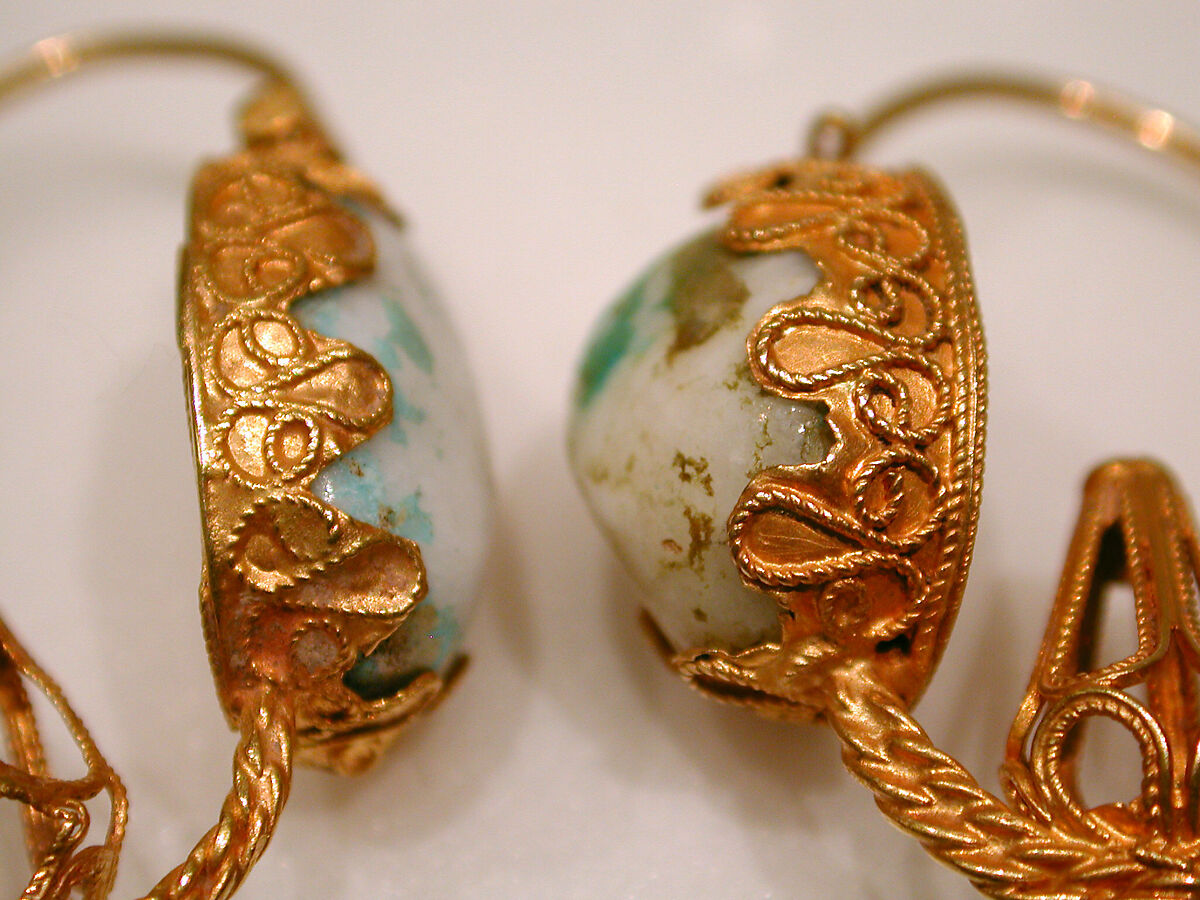 Earring, One of a Pair, Gold wire with filigree and pale stone