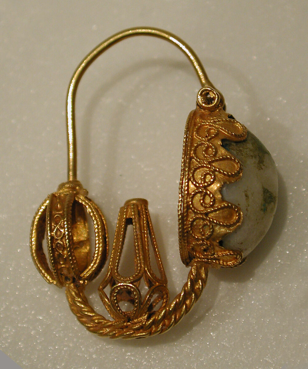 Earring, One of a Pair, Gold wire with filigree and pale stone 