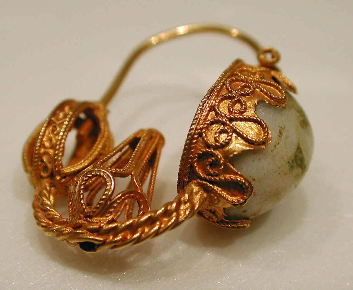 Earring, One of a Pair, Gold wire with filigree and pale stone