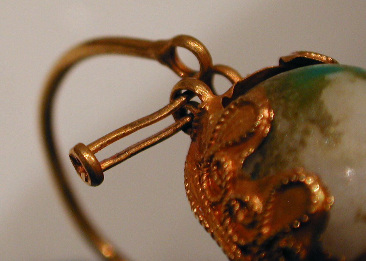 Earring, One of a Pair, Gold wire with filigree and pale stone