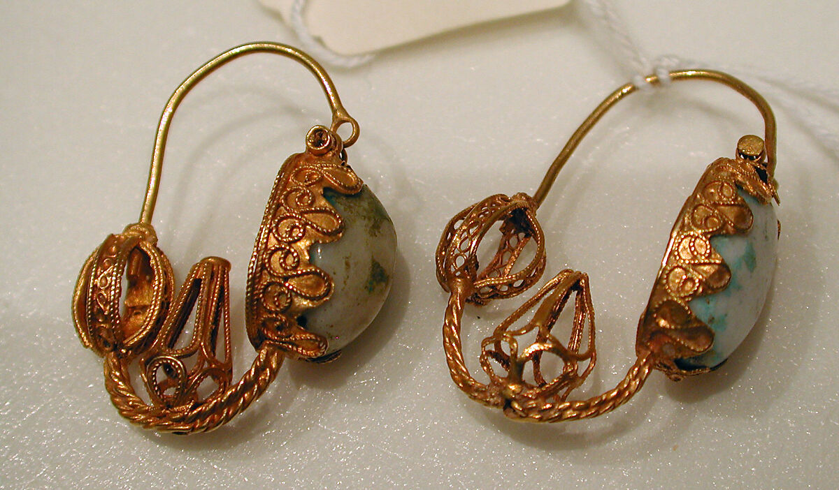 Earring, One of a Pair, Gold wire with filigree and pale stone