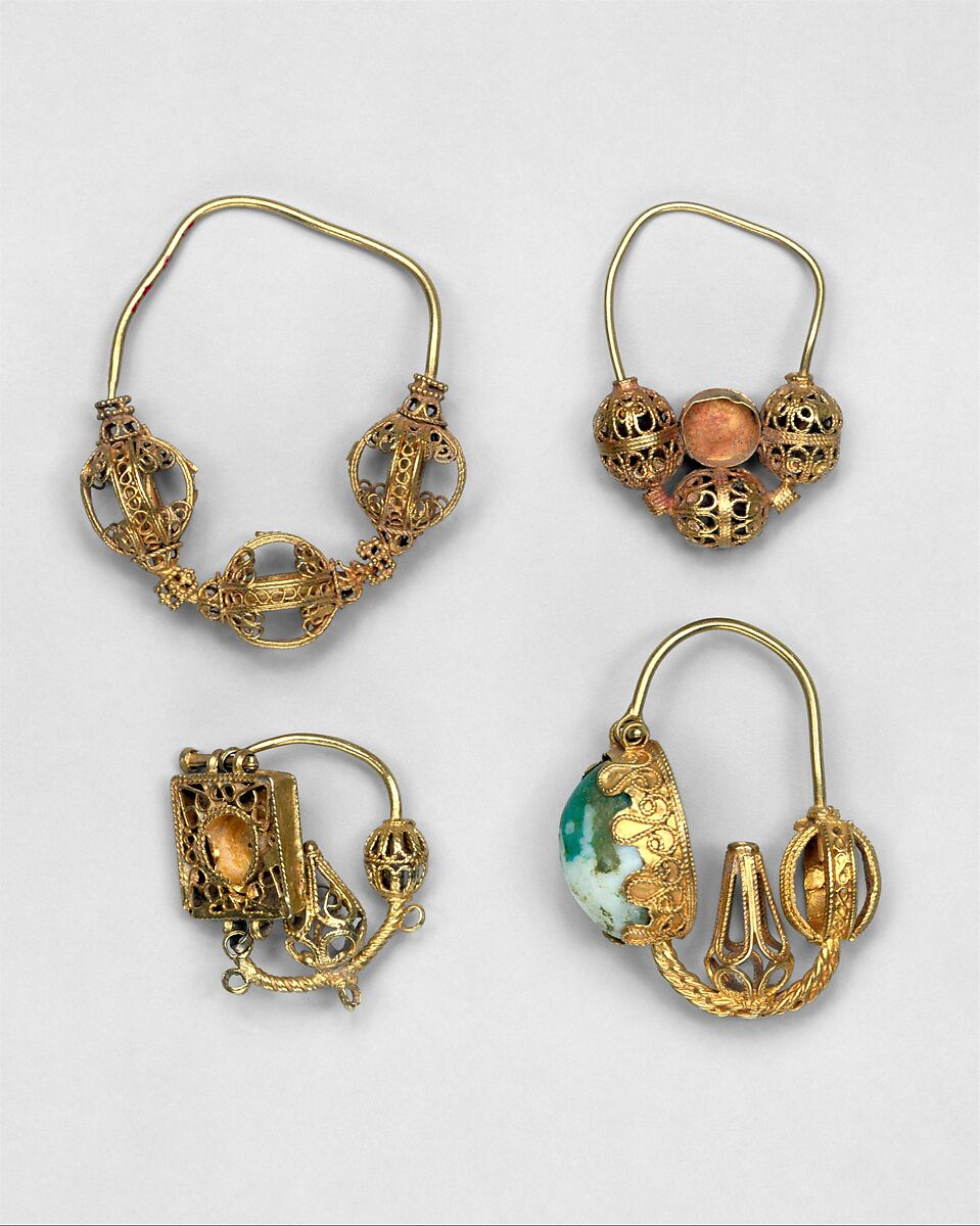 Earring, One of a Pair, Gold wire with filigree and pale stone