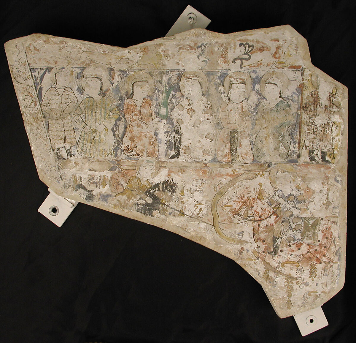 Fragment of Wall Painting with a Scene of Two Horsemen Slaying a Serpent, Gypsum plaster; painted