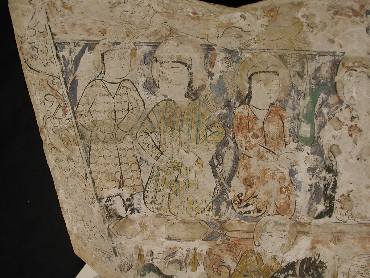 Fragment of Wall Painting with a Scene of Two Horsemen Slaying a Serpent, Gypsum plaster; painted