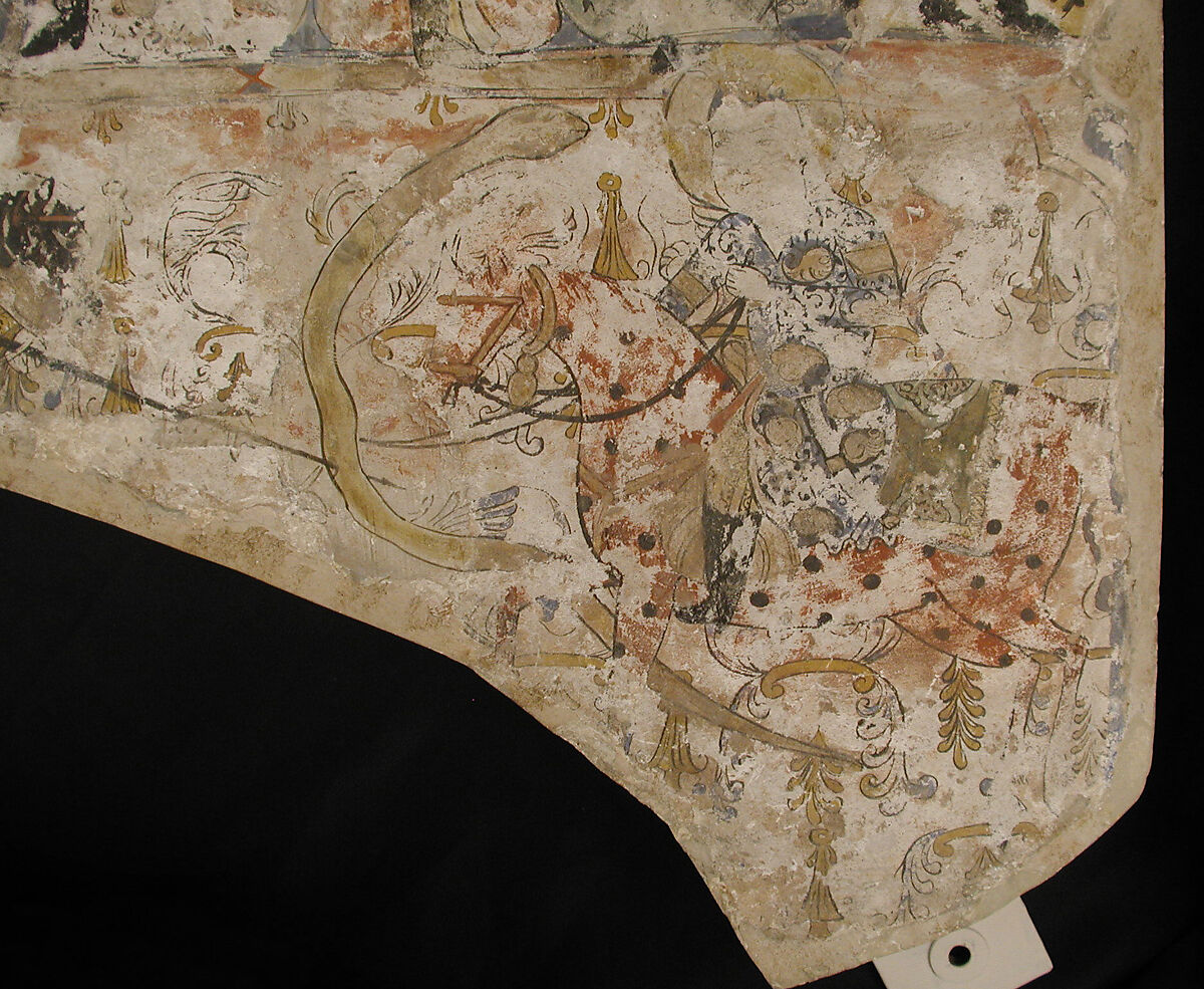 Fragment of Wall Painting with a Scene of Two Horsemen Slaying a Serpent, Gypsum plaster; painted