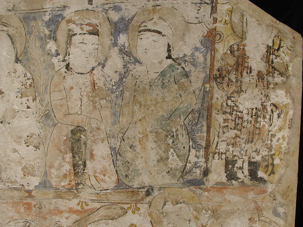 Fragment of Wall Painting with a Scene of Two Horsemen Slaying a Serpent, Gypsum plaster; painted