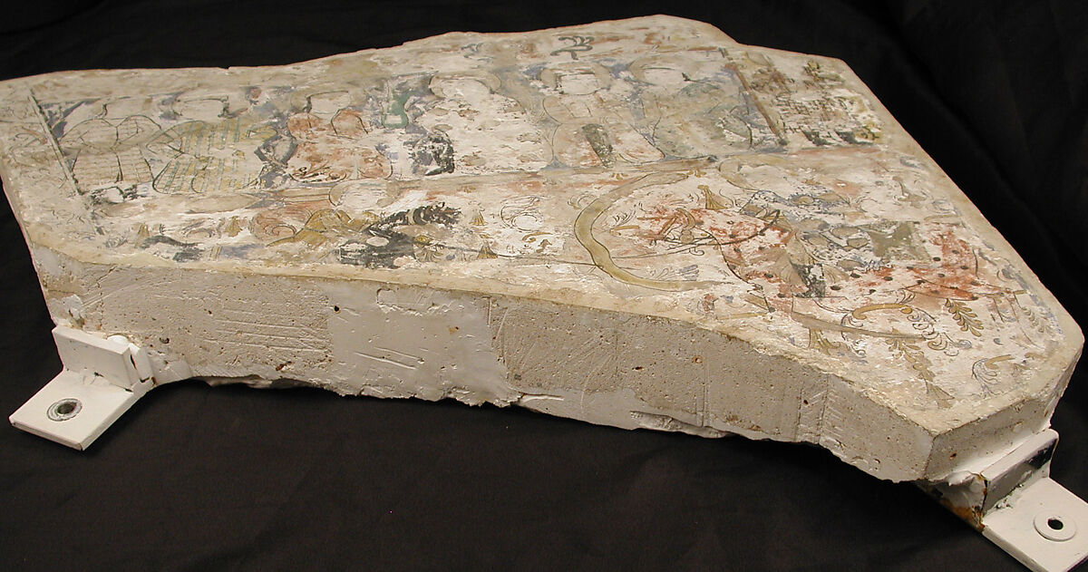 Fragment of Wall Painting with a Scene of Two Horsemen Slaying a Serpent, Gypsum plaster; painted