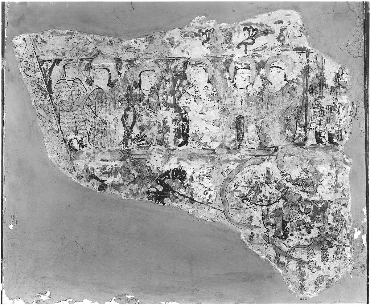 Fragment of Wall Painting with a Scene of Two Horsemen Slaying a Serpent, Gypsum plaster; painted