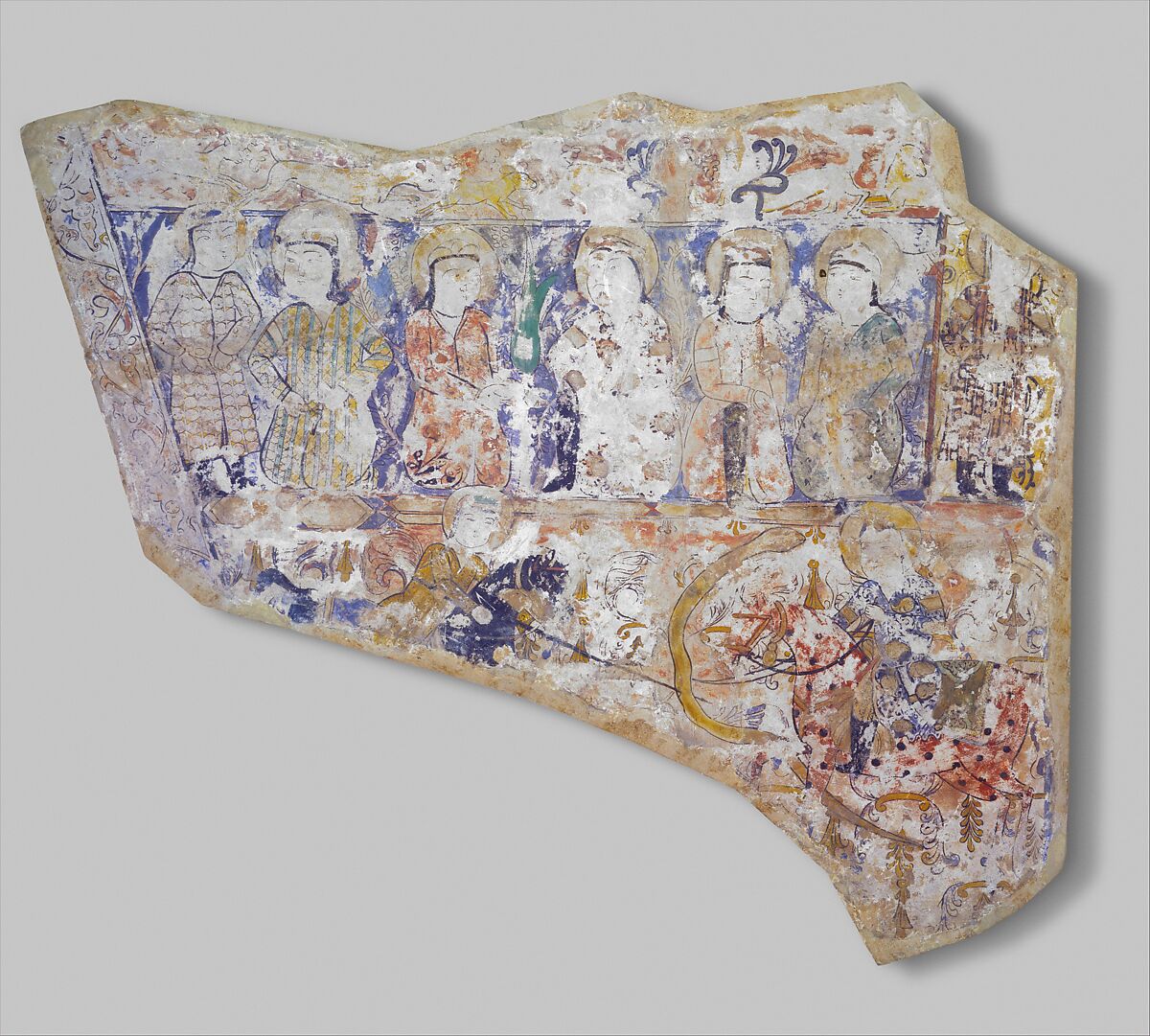 Fragment of Wall Painting with a Scene of Two Horsemen Slaying a Serpent, Gypsum plaster; painted