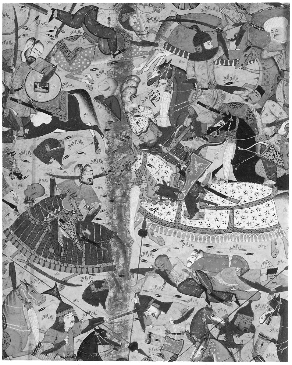 "Battle Between Iranians and Turanians", Folio from a Shahnama (Book of Kings), Muhammad al-Qivam al-Shirazi (Iranian, active ca. 1560s), Ink, opaque watercolor, and gold on paper