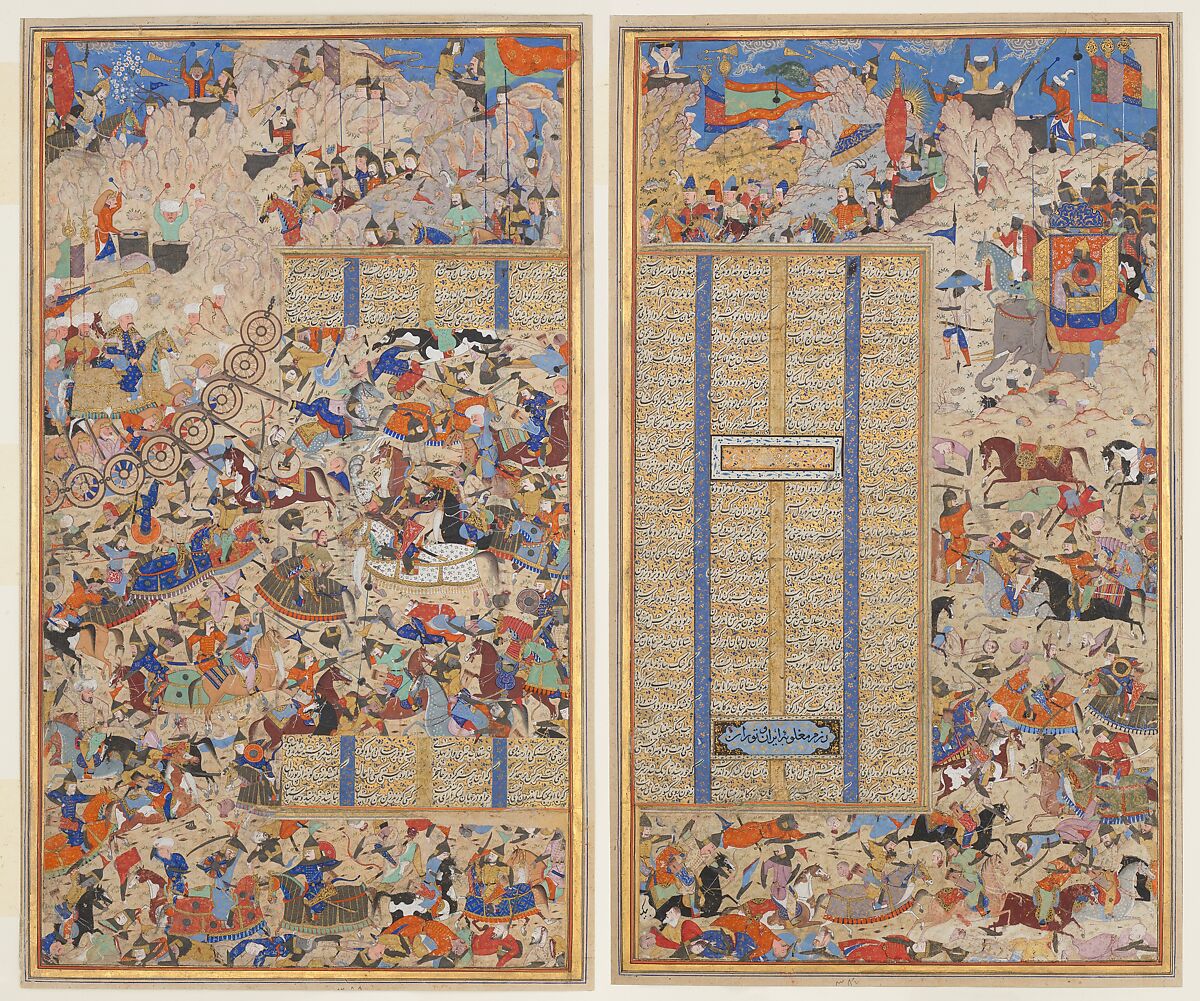 "Battle Between Iranians and Turanians", Folio from a Shahnama (Book of Kings), Muhammad al-Qivam al-Shirazi (Iranian, active ca. 1560s), Ink, opaque watercolor, and gold on paper