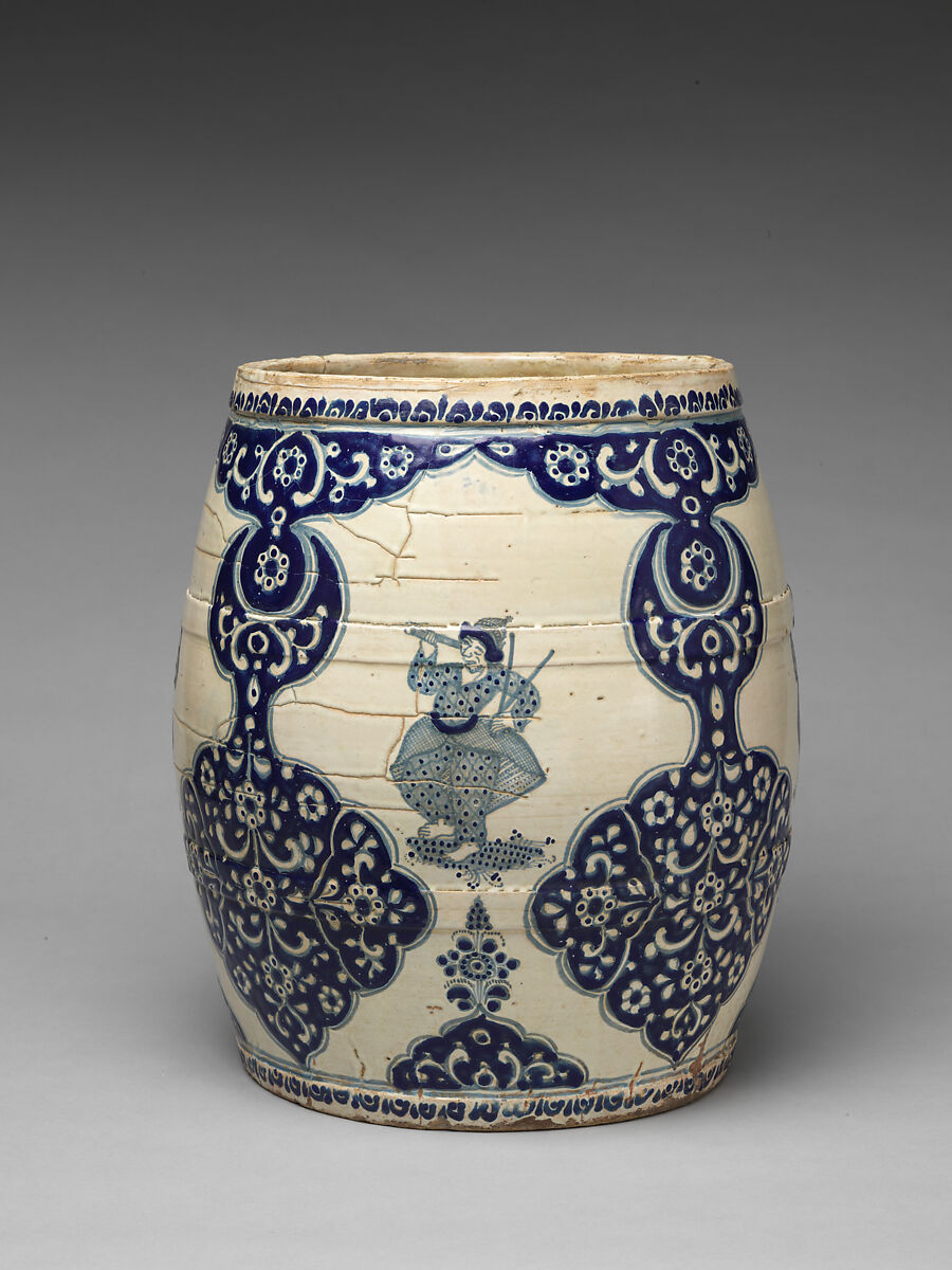 Barrel-shaped planter with Chinese figures, Tin-glazed earthenware, Mexican