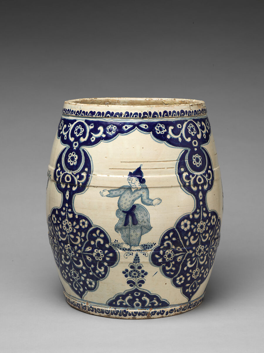 Barrel-shaped planter with Chinese figures, Tin-glazed earthenware, Mexican