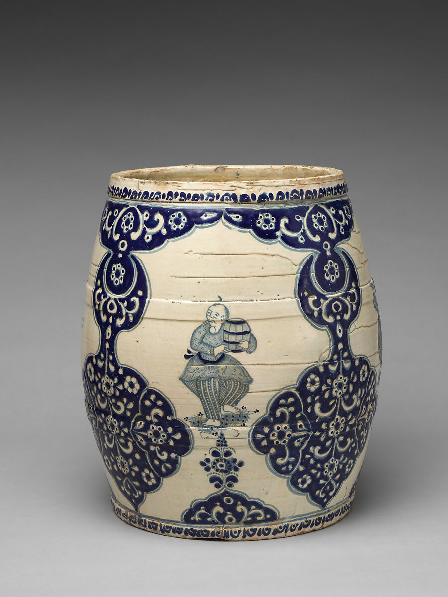 Barrel-shaped planter with Chinese figures, Tin-glazed earthenware, Mexican