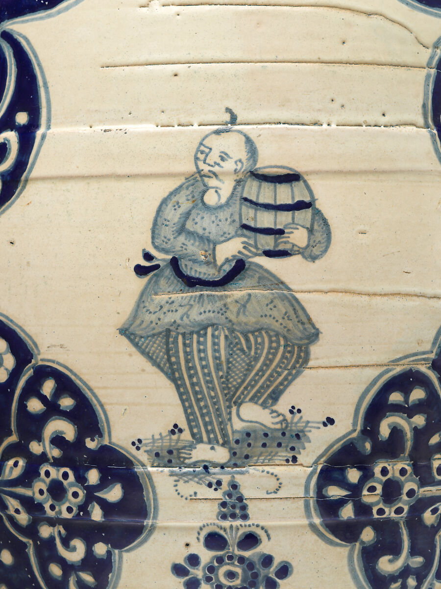 Barrel-shaped planter with Chinese figures, Tin-glazed earthenware, Mexican