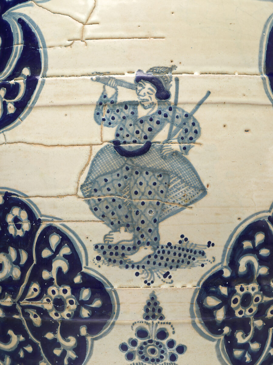 Barrel-shaped planter with Chinese figures, Tin-glazed earthenware, Mexican