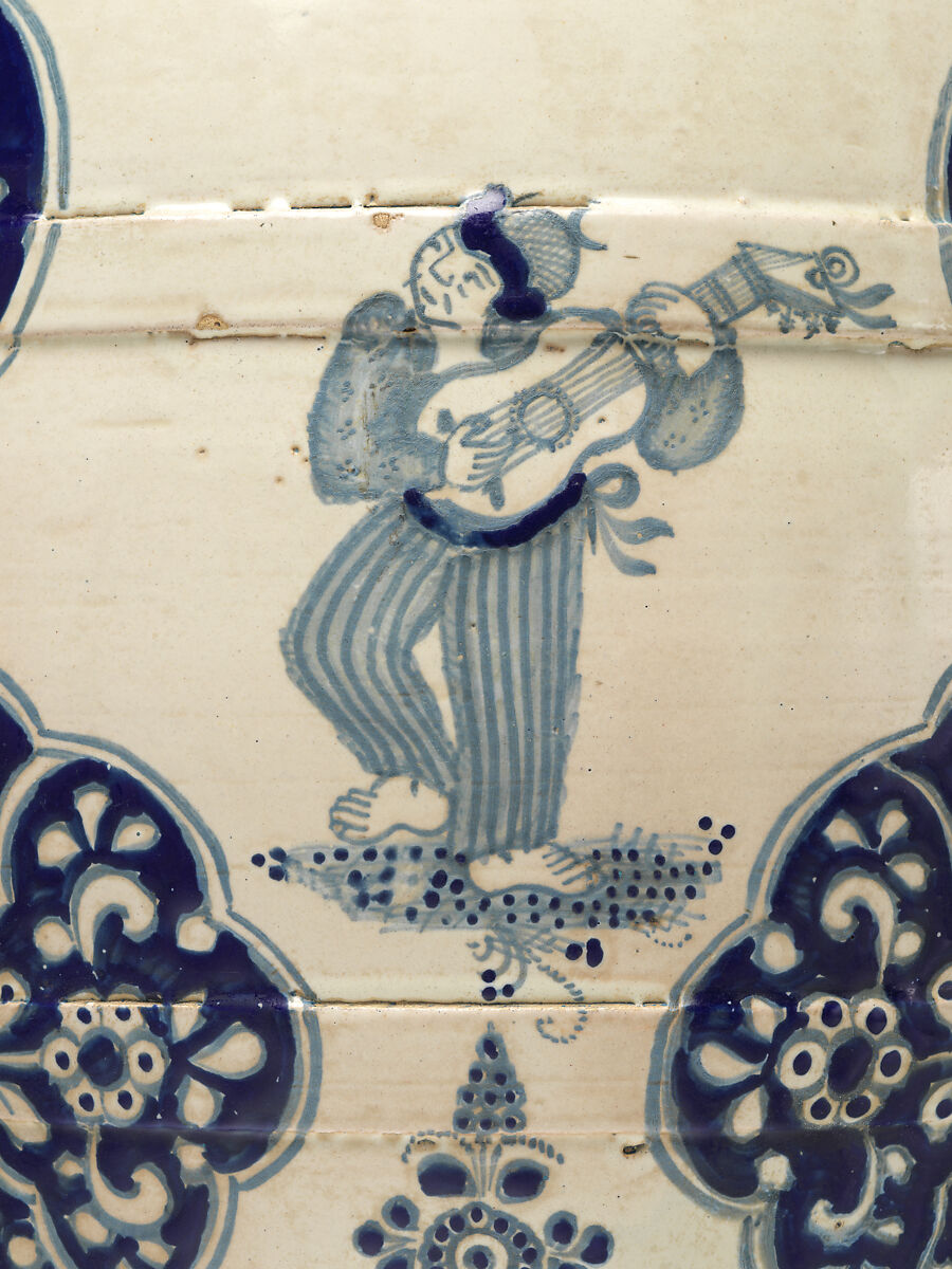 Barrel-shaped planter with Chinese figures, Tin-glazed earthenware, Mexican