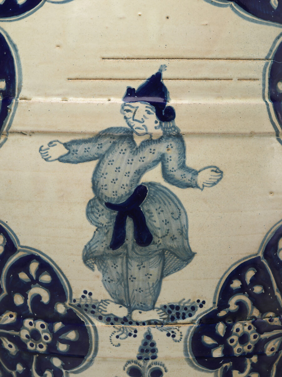 Barrel-shaped planter with Chinese figures, Tin-glazed earthenware, Mexican