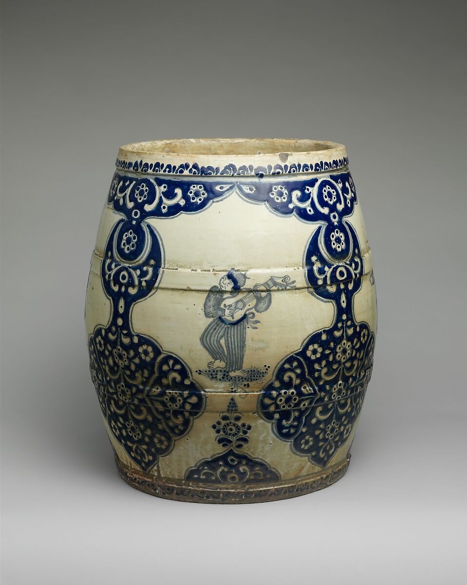 Barrel-shaped planter with Chinese figures, Tin-glazed earthenware, Mexican