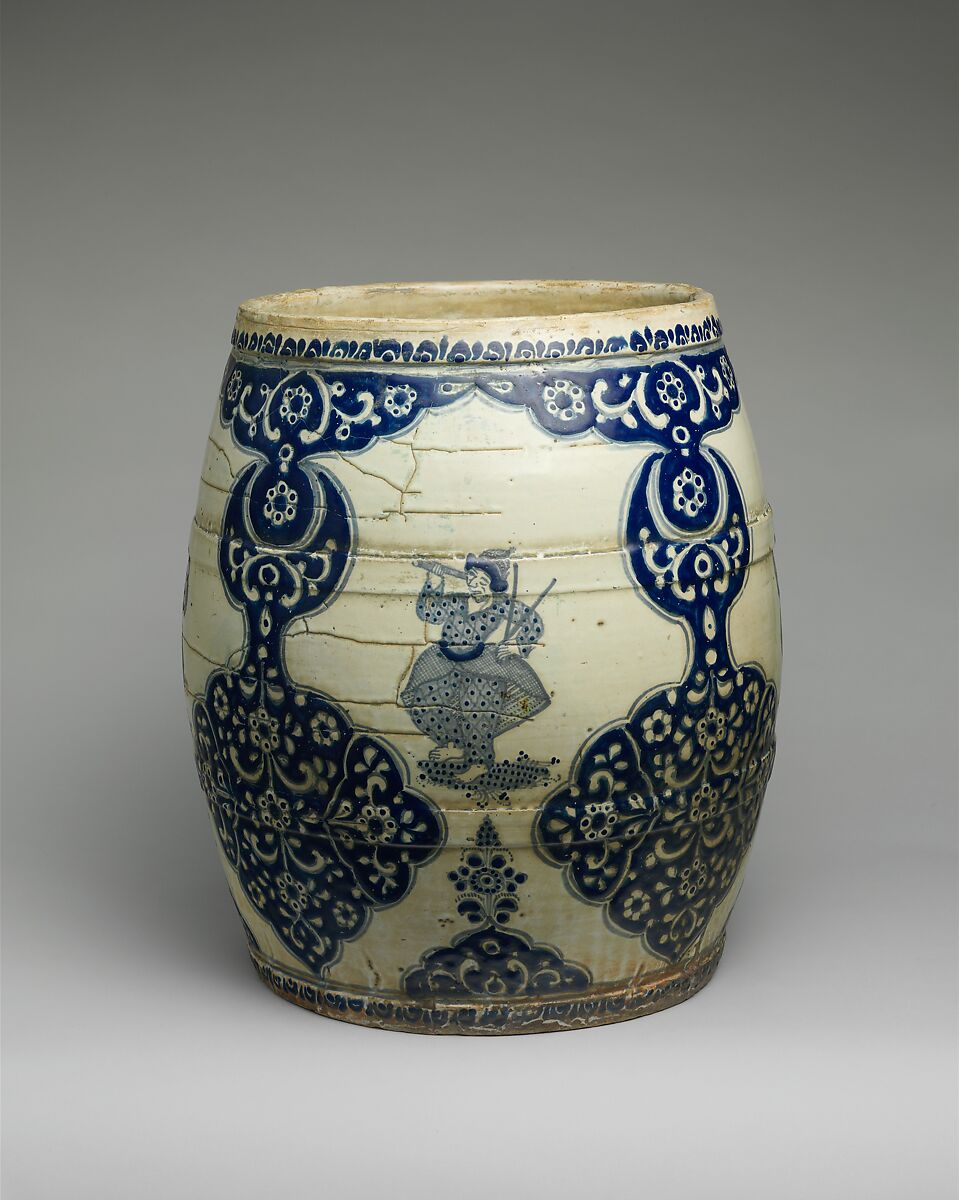 Barrel-shaped planter with Chinese figures, Tin-glazed earthenware, Mexican