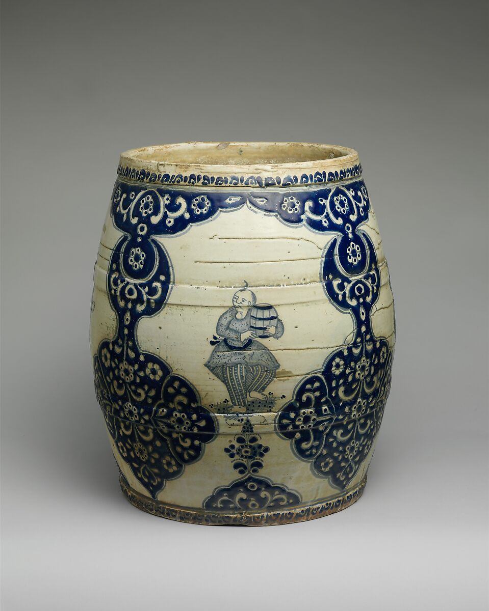 Barrel-shaped planter with Chinese figures, Tin-glazed earthenware, Mexican
